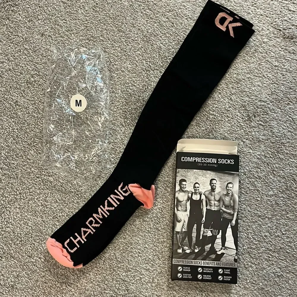 New CharmKing Compression‎ Socks Black & Pink M Unisex LONG NEW